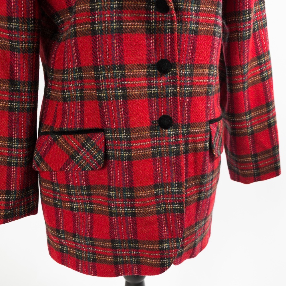 Vintage wool tartan plaid blazer with black velvet trim & buttons M - Picture 12 of 16
